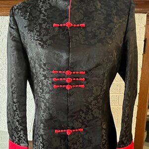 Women's Jacket Top Blazer Asian Chinese Jacquard Satin Black and Red Sz S-M